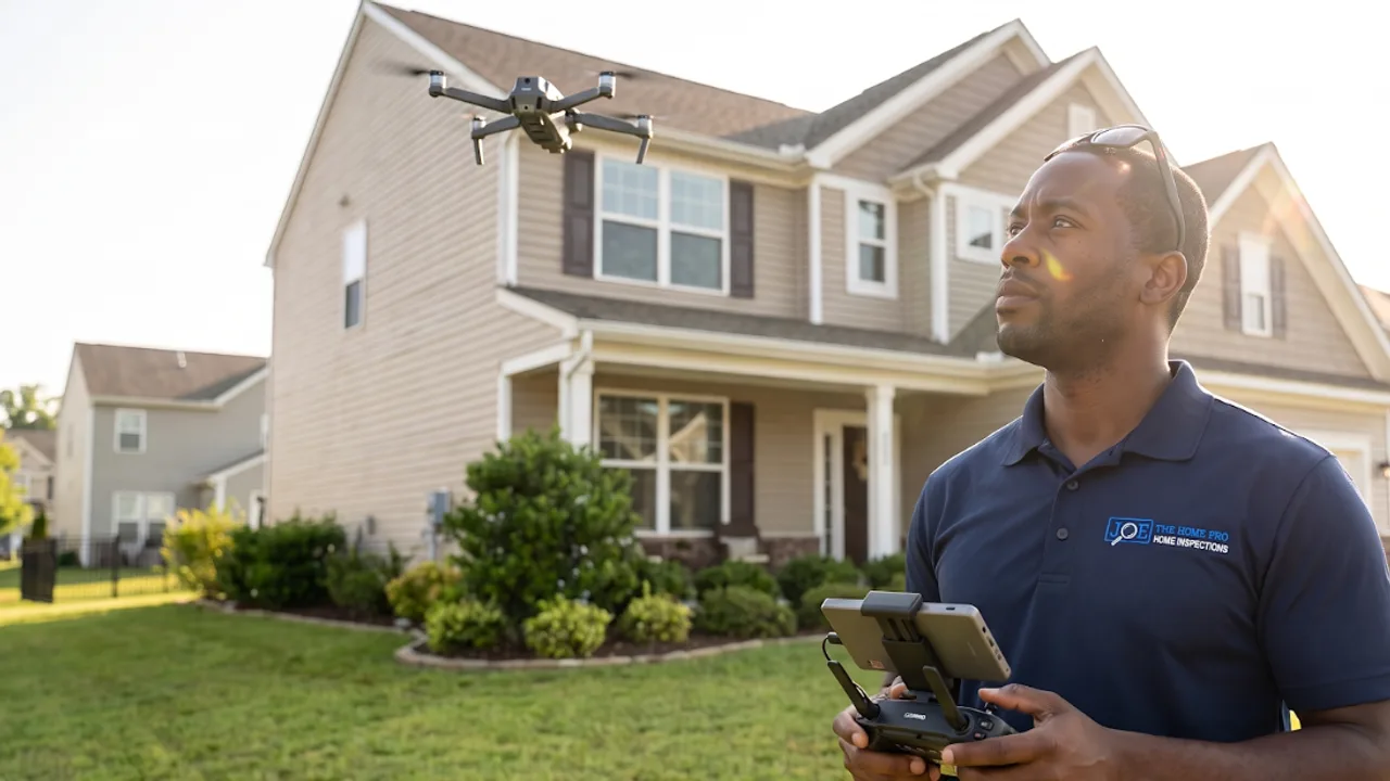 A Joe the Home Pro inspector flying a drone roof inspection